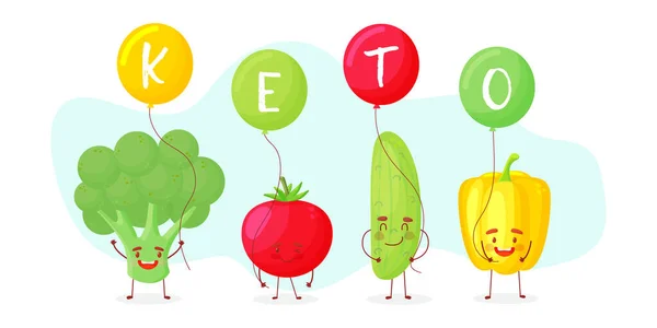 Lindo brócoli feliz, tomate, pepino y pimienta celebrar keto signo. Aislado sobre fondo blanco. Personaje de dibujos animados vector — Vector de stock