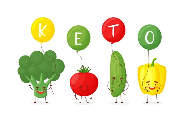 Lindo brócoli feliz, tomate, pepino y pimienta celebrar keto signo. Aislado sobre fondo blanco. Personaje de dibujos animados vector — Vector de stock