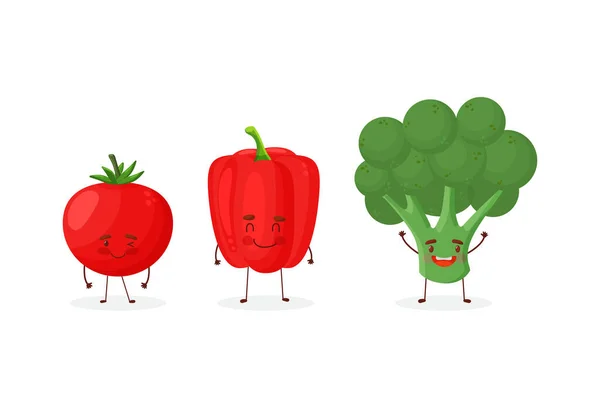 Lindos personajes de dibujos animados de frutas y verduras aislados en la ilustración del vector de fondo blanco. Brócoli divertido, tomate — Vector de stock