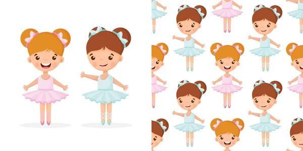 Cartoon seamless pattern with beautiful, lovely, little ballerinas girl. — Stock Vector