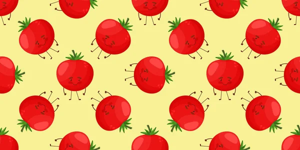 Płynny wzór z czerwonym uśmiechniętym pomidorem na tle. Śmieszne warzywo w kreskówkowym stylu. Duże oczy. — Wektor stockowy