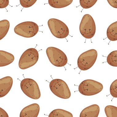 Süper şirin Patates vektörü kusursuz desen. Çizgi film tarzında mevsimlik Kış Sebzeleri.