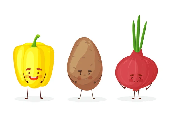 Χαριτωμένο φρούτα και λαχανικά χαρακτήρες κινουμένων σχεδίων που απομονώνονται σε λευκό φόντο διανυσματική απεικόνιση. Αστείο κρεμμύδι, πατάτα — Διανυσματικό Αρχείο