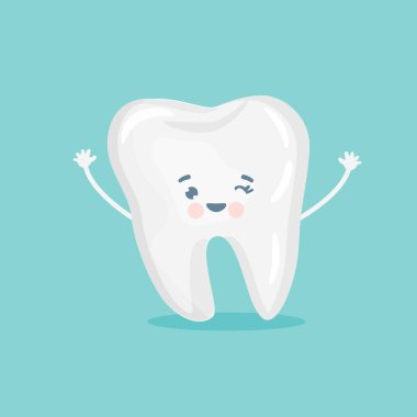 Mavi arka planda izole edilmiş gülüşü olan mutlu çizgi film dişleri. Diş hekimliği için vektör illüstrasyonu.