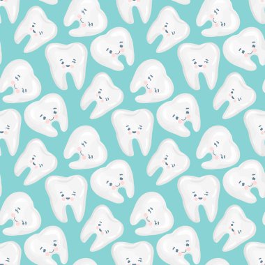 Çocuk diş tasarımı için mavi arka planda sevimli dişleri olan kusursuz bir desen.