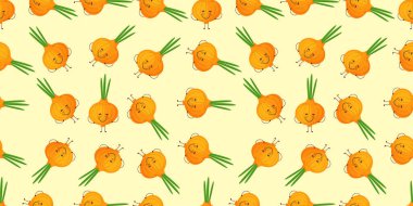 Sevimli gülümseyen çizgi film tarzı soğan, soğan soğanı sebze karakterleri ve yemek tasarımı için kalp vektör yapısı.