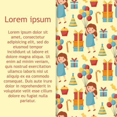 Doğum günü pastaları, hediye kutuları, düz vektör desenli çelenkler. Bir parti için el çizimi arka plan, tatil 