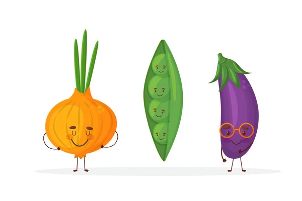 Lindos personajes de dibujos animados de frutas y verduras aislados en la ilustración del vector de fondo blanco. Cebolla divertida, guisante — Vector de stock
