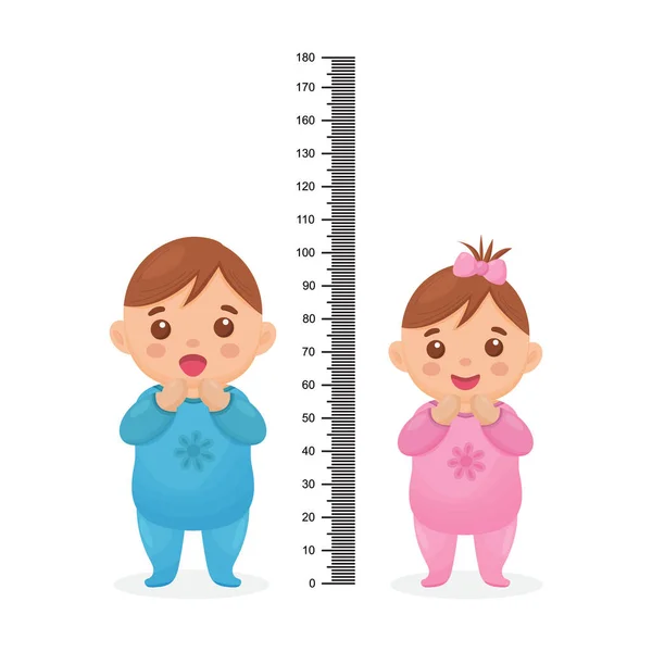 Kids meter wall with a cute cartoon boy, girl and measuring ruler. Vector illustration of an boy and girl isolated. — Stock Vector