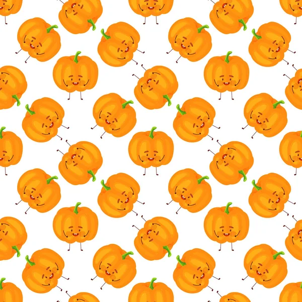 Lindo patrón sin costuras con calabazas, cara y sonrisa. Decoración de fiesta de Halloween. Impresión vegetal con una sonrisa. — Vector de stock