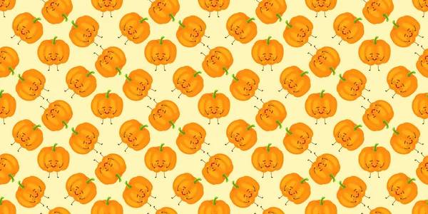 Lindo patrón sin costuras con calabazas, cara y sonrisa. Decoración de fiesta de Halloween. Impresión vegetal con una sonrisa. — Vector de stock
