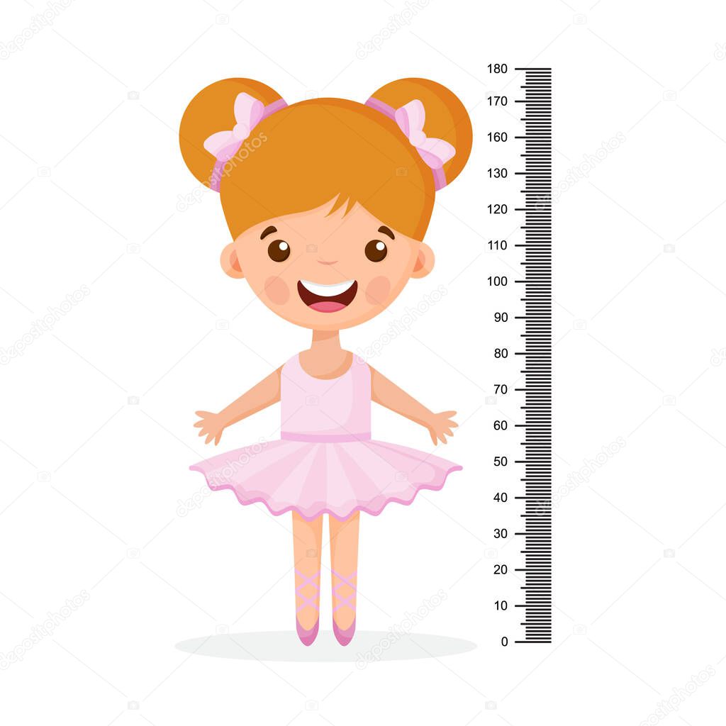 Kids meter wall with a cute cartoon girl and measuring ruler. Vector illustration of an girl isolated background. Vector illustration