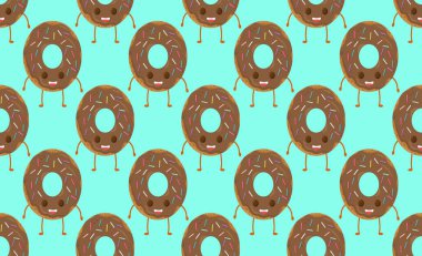 Şekerli komik karakterli donut ile kusursuz desen, çizgi film tarzında vektör çizimi. Şirin gülümsemeli taze donut.