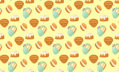 Geleneksel İsveç tatlılarıyla kusursuz desen. Kanelbulle rulo, tarçınlı çörek, prinsesstarta, semla. Çizgi film tarzında vektör illüstrasyonu. Vektör illüstrasyonu