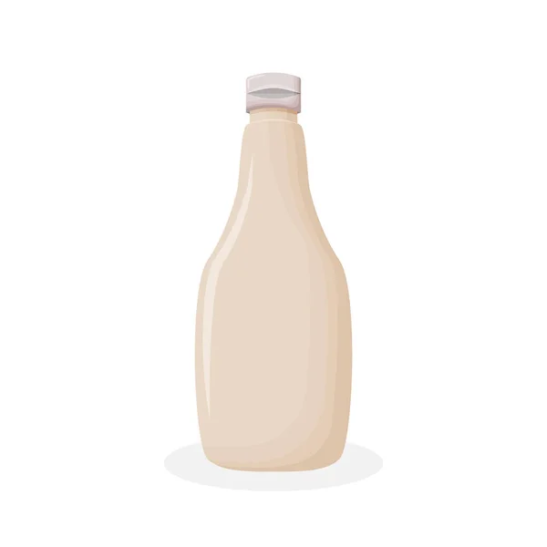 白いソース、ドレッシング、マヨネーズのラウンドキャップ付き光沢のあるプラスチックボトル。現実的なパッケージモックアップテンプレート. — ストックベクタ