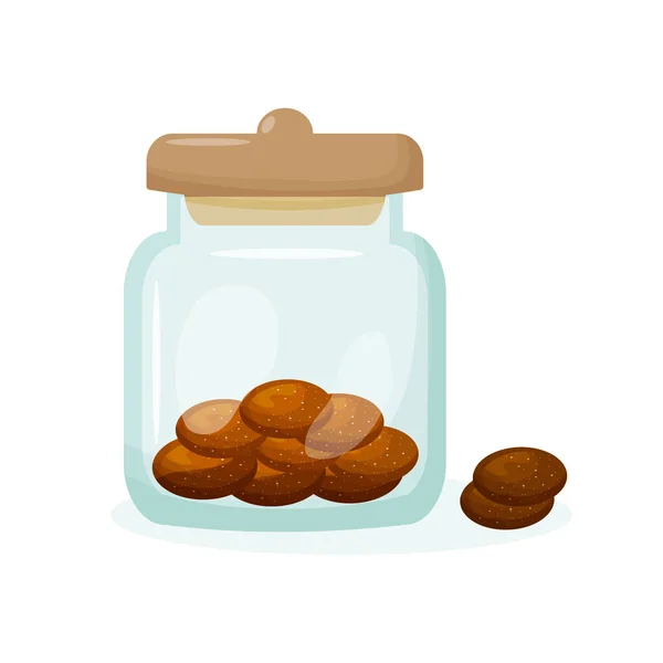 Tarro de vidrio con galletas chocladas en el interior. Vajilla para dulces. Ilustración vectorial en estilo de dibujos animados. — Vector de stock