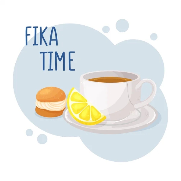 Kopje koffie of thee en semla Zweeds slagroombroodje. Koffie pauze fika concept. Geïsoleerde met de hand getrokken vector — Stockvector