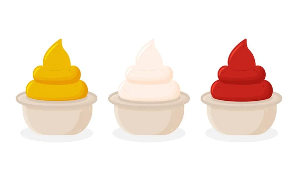 Ketchup, moutarde française et mayonnaise dans un bol isolé sur fond blanc. Composition de vinaigrette d'épices en ramequin. — Image vectorielle