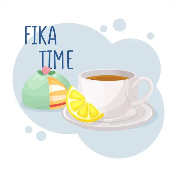 Kopje koffie of thee en Prinsesstarta groene marsepein taart. Koffie pauze fika concept. Geïsoleerde met de hand getrokken vector — Stockvector