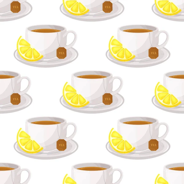 Vector naadloos patroon met kopjes thee en citroenen. Leuke achtergrond, bedrukking voor menu 's, servies, verpakking, omslagen, servet — Stockvector