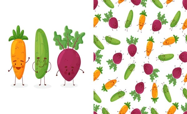 シームレス幸せな野菜キャラクターフード楽しいイラストの背景パターンベクトル. — ストックベクタ