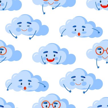 Sevimli renkli bulut gülen yüz pürüzsüz desen, beyaz tekrarlayan vektör illüstrasyonu