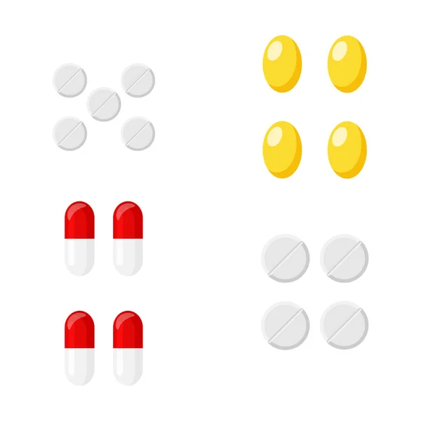 Pillole colorate capsule sfondo bianco. Medicinali per cartoni animati per diverse malattie. Vitamine per buone condizioni di salute — Vettoriale Stock