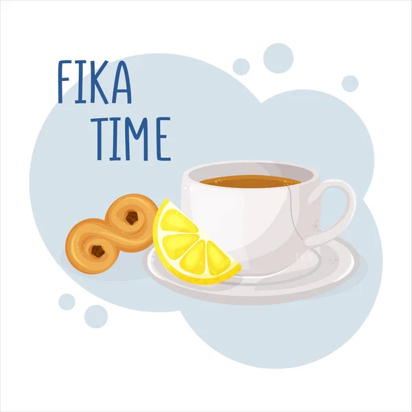 Kopje koffie of thee en lussekatt. Koffie pauze fika concept. Geïsoleerde hand getrokken vector illustratie van schattig ontbijt — Stockvector