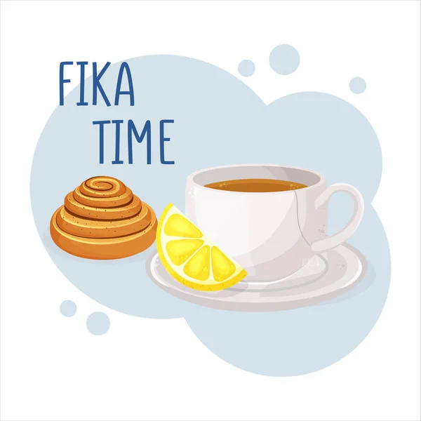 Kopje koffie of thee en kanelbulle. Koffie pauze fika concept Geïsoleerde hand getrokken vector illustratie van schattig ontbijt — Stockvector