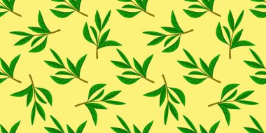 Beyaz arka planda yeşil çay yaprakları olan kusursuz bir desen. Kumaş ve ambalaj kağıtlarında kullanılabilir..