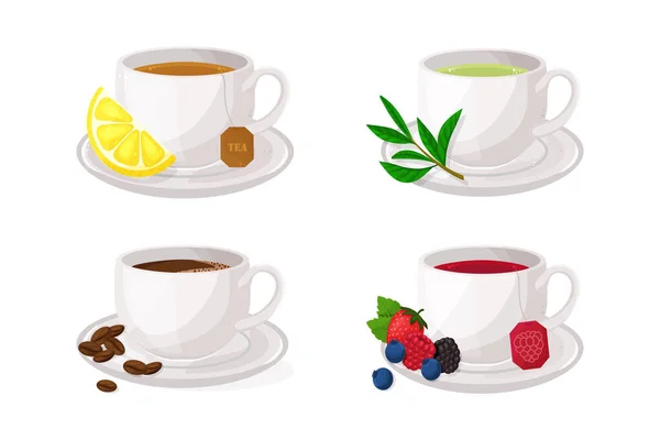 Tee- und Kaffeeset vorhanden. Beeren, grüner und schwarzer Tee. — Stockvektor