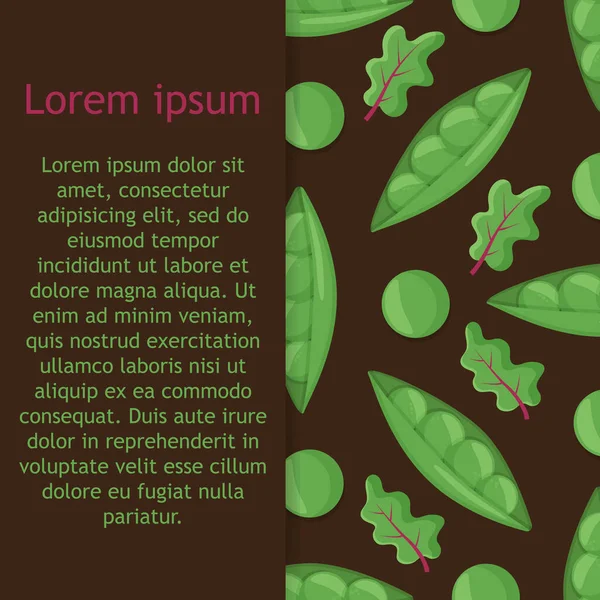 Modello vettoriale senza soluzione di continuità con pisello verde biologico dolce fresco con foglie e fondale di erbe con gustoso ingrediente vegetale — Vettoriale Stock