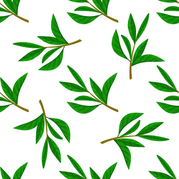 Seamless pattern with green tea leaves on white background. May used in fabric, wrapping paper. — Stock Vector