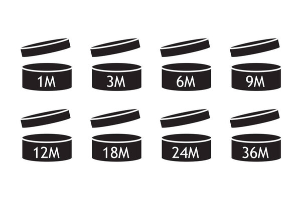 Pao cosmetic open jars line icons isolated on white. Expiration period months. Cosmetics symbol collection. 