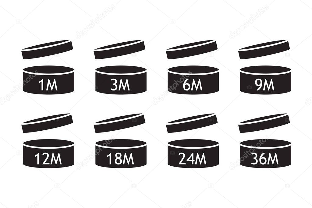 Pao cosmetic open jars line icons isolated on white. Expiration period months. Cosmetics symbol collection. Outline flat design. Vector illustration