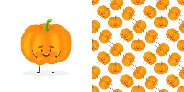 Lindo patrón sin costuras con calabazas, cara y sonrisa. Decoración de fiesta de Halloween. Impresión vegetal con una sonrisa. — Archivo Imágenes Vectoriales