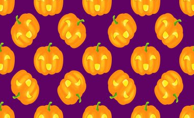 Cadılar Bayramı için kusursuz desen. Arka planda parlayan balkabakları.