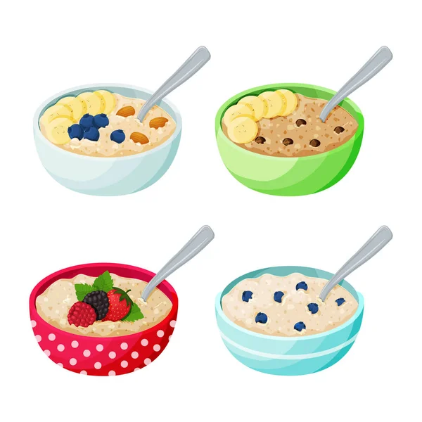 Cartoonschale mit Haferbrei-Set vorhanden. Haferflocken und Müsli mit Beeren, Früchten, Schokotropfen und Nüssen. — Stockvektor