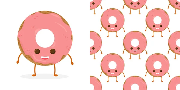 Nahtloses Muster mit lustigem Charakter-Donut mit Zuckerguss, Vektorillustration im Cartoon-Stil. — Stockvektor