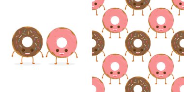 Şekerli komik karakterli donut ile kusursuz desen, çizgi film tarzında vektör çizimi. Şirin gülümsemeli taze donut.