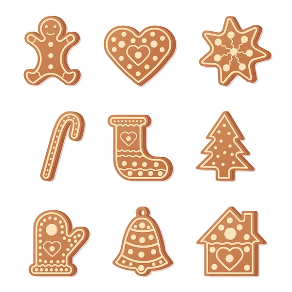 Stora julkakor samling med pepparkakor och kakor siffror av hus, träd, man, hjärta, stjärna, sockerrör, vantar — Stock vektor