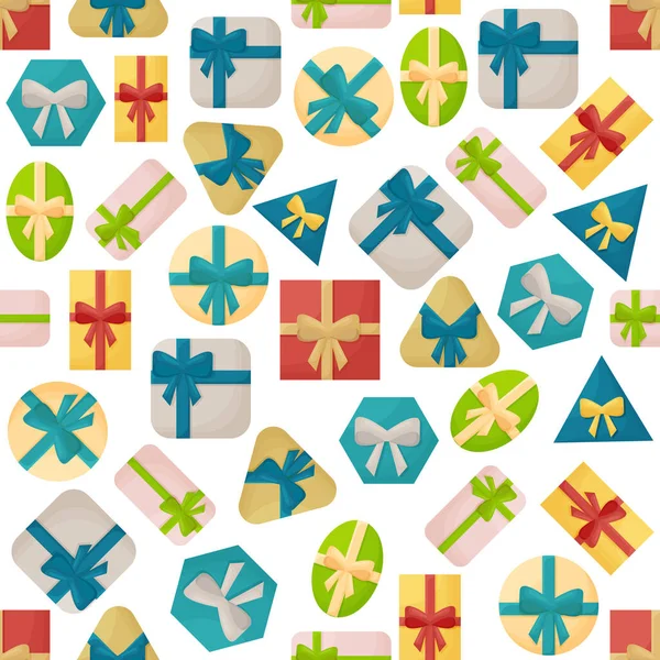 Coffrets cadeaux, présente un ensemble d'icônes vectorielles de motif sans couture. Textile de papier enveloppé coloré. Concept de vente shopping. — Image vectorielle