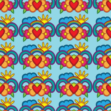 Komik çizim güneş, bulut ve gökkuşağı