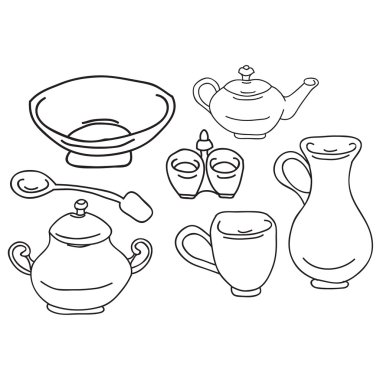 Mutfak aletleri kümesi. Ev gereçleri. elle çizilmiş. Vektör