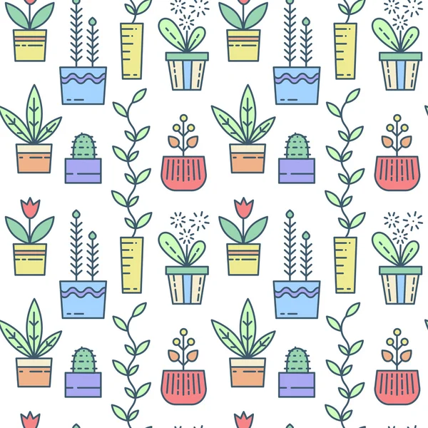 Line house plants pattern. — Stock Vector