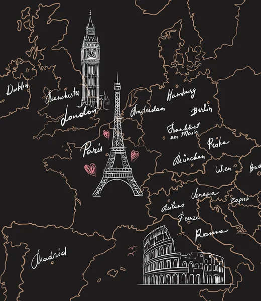 黒板にヨーロッパの観光スポット マップします。 — ストックベクタ