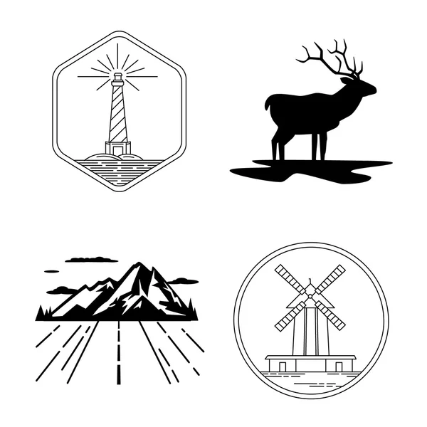 风车与灯塔徽章，鹿剪影，山，自然探索 — 图库矢量图片