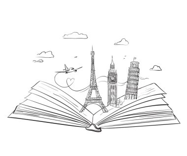 Açık kitap Avrupa'nın manzaraları ile elle çizilmiş turist kolaj.