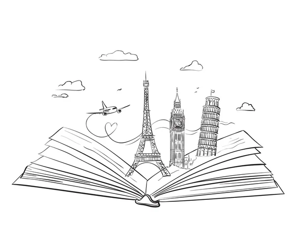Açık kitap Avrupa'nın manzaraları ile elle çizilmiş turist kolaj.