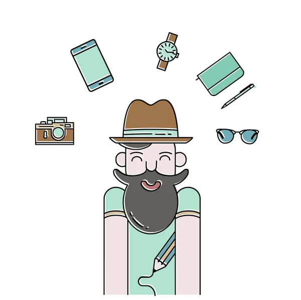 Sorrindo barbudo homem e gadgets ícones —  Vetores de Stock